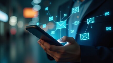 A young Asian male in a dark suit using a smartphone, engaged with floating digital email icons around him.