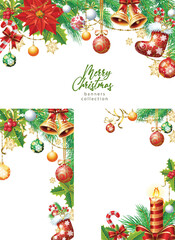 Christmas Banner Frame Decoration Vector Set, with poinsettias, bells, ornaments, holly, candles, and festive elements