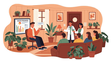 Group therapy session emphasizing mood progress and collaborative recovery process