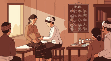 Traditional maternity care scene featuring a pregnant woman and medical professional