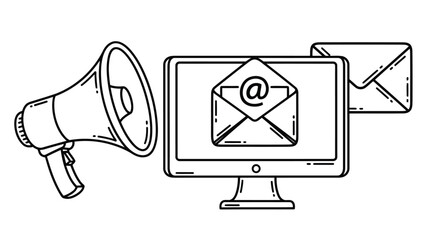 Vintage megaphone amplifying email notifications from computer screen