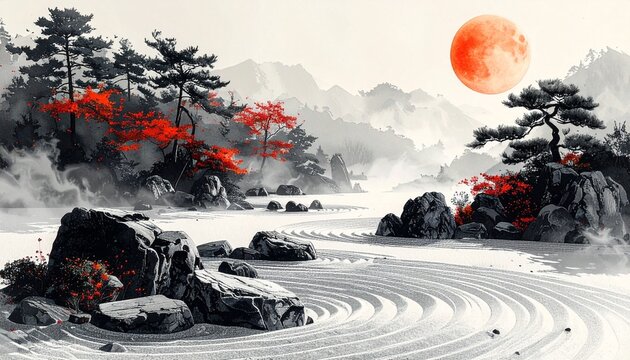 Sumi-e Landscape with Crimson Moon and Pine Trees