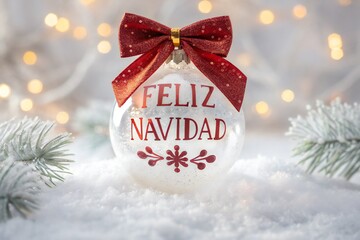 Festive "Feliz Navidad" ornament sparkles amidst snowy winter wonderland with bokeh lights.