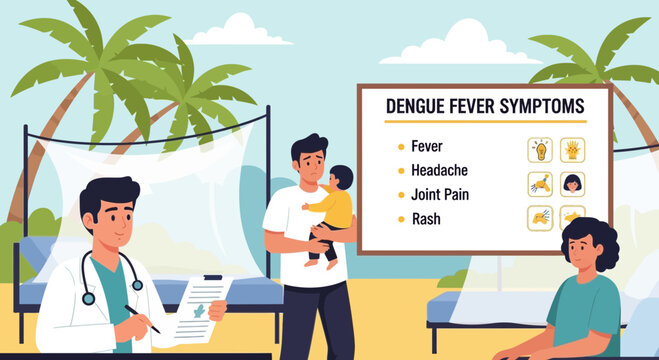 Tropical vector illustration depicting dengue fever symptoms and medical consultation