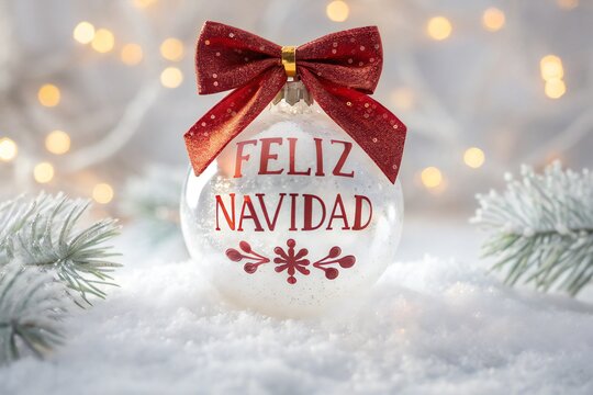 Festive "Feliz Navidad" ornament sparkles amidst snowy winter wonderland with bokeh lights.