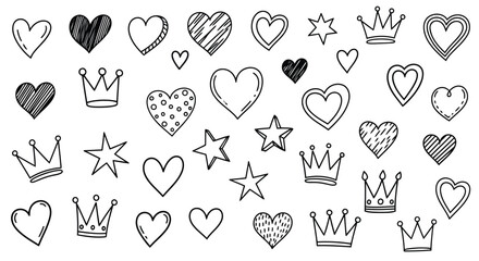 Assorted handdrawn hearts, crowns, and stars in black and white