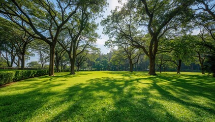 Park with Lush Green Lawn - Day View, tropical scenery and vibrant foliage, accessibility