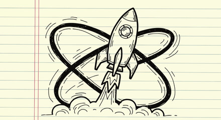 Handdrawn rocket looping through atomic symbol on lined paper