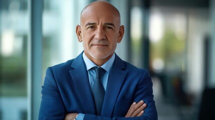 Businessman in a suit with arms crossed, confident posture and smile.