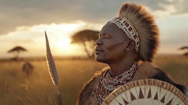 Proud Zulu warrior stands gazing across golden African savanna at sunset, wearing traditional ceremonial regalia with spear and shield, embodying cultural heritage.