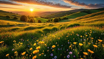Golden Hour Meadow Landscape: Rolling Hills, Wildflowers, and a Stunning Sunset Glow - Serene Nature Photography