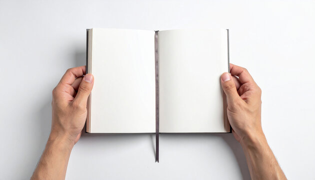 Male hands holding an open blank book with a bookmark; white background