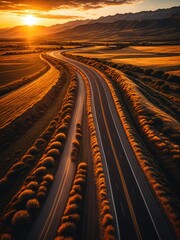 Golden Hour Road Trip: Scenic Highway Through Fields and Mountains at Sunset - Landscape Photography