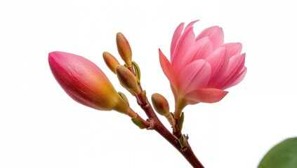 Pink eucalyptus flower with buds, isolated on a white backdrop, suitable for editorial header background