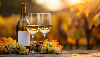 Bottle of white wine and two glasses sit on a wooden table outdoors with grapes. A clean label on the bottle allows for customization and branding