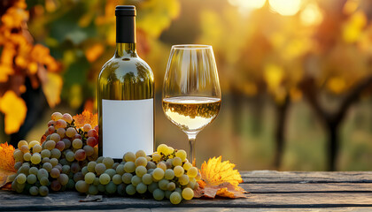 Bottle of white wine and two glasses sit on a wooden table outdoors with grapes. A clean label on the bottle allows for customization and branding