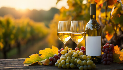 Fototapeta premium Bottle of white wine and two glasses sit on a wooden table outdoors with grapes. A clean label on the bottle allows for customization and branding