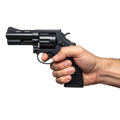 Close-up studio shot of a hand holding a dark-colored handgun against a stark white background. Focus is on the firearm