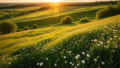 Golden Hour Landscape: Rolling Hills, Wildflowers, and Radiant Sunset - Serene Countryside Photography for Nature Lovers
