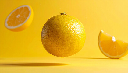 Whole and sliced ​​grapefruit floating in the air over a yellow background, dynamic fruit material