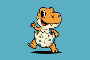Fototapeta premium Cute baby dinosaur hatching from egg cartoon illustration.