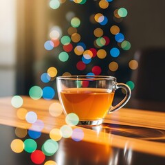 A clear glass cup filled with hot tea placed on a wooden surface with colorful bokeh lights in the background creating a cozy and festive atmosphere