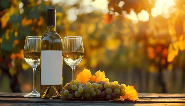 Bottle of white wine and two glasses sit on a wooden table outdoors with grapes. A clean label on the bottle allows for customization and branding - Powered by Adobe
