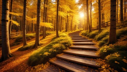 Golden Hour Forest Path: Serene Wooden Staircase Leading to Sunlight - Autumn Landscape Photography, Nature's Beauty