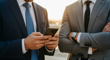 A businessman operating a smartphone and a colleague with his arm around him, outdoor business scene