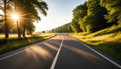 Golden Road to Adventure: Scenic Highway at Sunset with Lush Forest and Brilliant Sunlight
