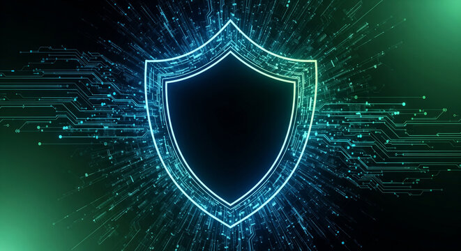 Glowing cybersecurity shield with black copy space in the center