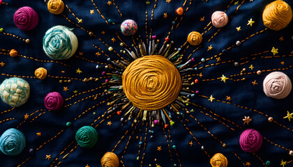 Embroidery artwork featuring sun. Colorful yarn planet balls, shining stars, golden string on dark fabric. Cosmic composition evokes craft theme. Decorative astral elements design suitable for kids