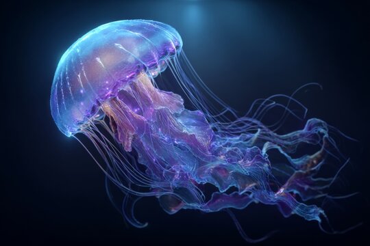 A vibrant jellyfish swims elegantly in deep blue water, its tentacles trailing behind. The soft glow of bioluminescence highlights its flowing shapes and colors