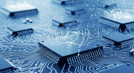 Many microchips on a digital circuit board, data flow and technology background material