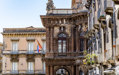 Examples of the grand baroque architecture of Catania, Sicily, featuring a side view of the Teatro Massimo Bellini. Named after the composer Vincenzo Bellini, it was inaugurated on 31 May 1890.