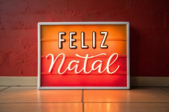 Bright illuminated sign wishes "Feliz Natal" in warm glowing colors, celebrating the holiday spirit.