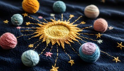 Embroidery artwork featuring sun. Colorful yarn planet balls, shining stars, golden string on dark fabric. Cosmic composition evokes craft theme. Decorative astral elements design suitable for kids