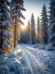 Golden Hour in a Winter Wonderland: Sunlit Snow-Covered Forest Path Through Majestic Evergreen Trees