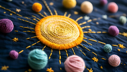 Embroidery artwork featuring sun. Colorful yarn planet balls, shining stars, golden string on dark fabric. Cosmic composition evokes craft theme. Decorative astral elements design suitable for kids