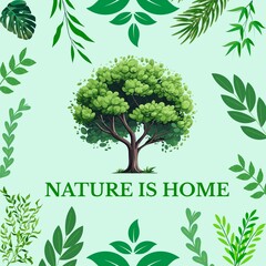 Obraz premium Environmental poster featuring a lush green tree paired with the quote “Nature Is Home,” excellent for sustainability projects, schools, eco branding, and wall decor.