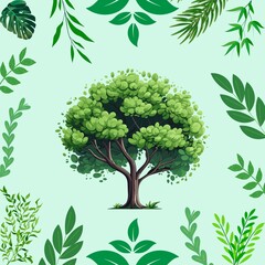 Fototapeta premium Beautiful central tree artwork surrounded by decorative botanical leaves, ideal for eco themes, nature education, environmental graphics, and posters.