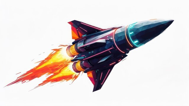 Futuristic rocket blasting off, colorful neon design against a white background