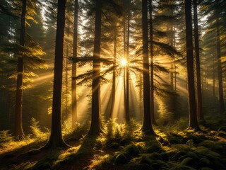 Golden Hour Forest Light: Sunbeams Streaming Through Tall Trees in a Lush Woodland - Nature's Serenity