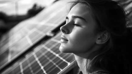 The image shows a young woman looking into the distance, with solar panels in the background. The lighting suggests it might be daytime with clear skies.
