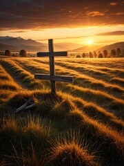 Golden Hour Cross in Rolling Meadow: A Serene Landscape at Sunset - Spiritual Reflection and Natural Beauty