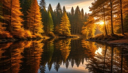 Golden Hour Forest Reflection: Serene Landscape Photography with Sunbeams and Autumn Colors Along a Calm River