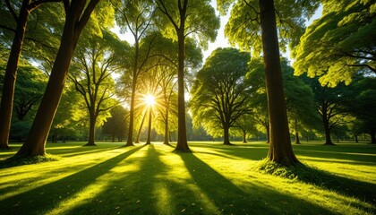 Golden Hour Sunburst Through Majestic Forest Trees: Lush Green Canopy & Dappled Light Shadows