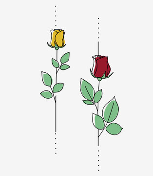 One line drawing. Vertical divider or tattoo. Set of garden rose with stem and leaves. Hand drawn sketch. Vector stock illustration.	
