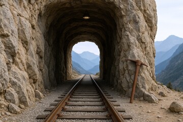 Obraz premium Railway Track Leading Through Rocky Tunnel With Pickaxe and Mountain View In The Distance
