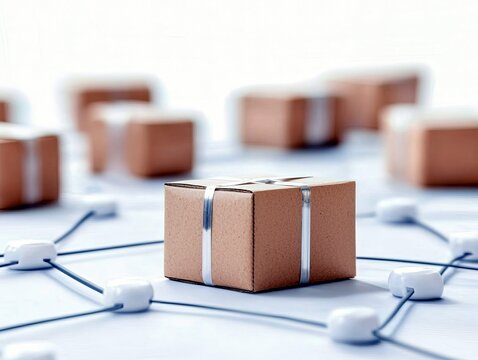 Several cardboard boxes are arranged on a surface and connected by a network of thin wires and white nodes.